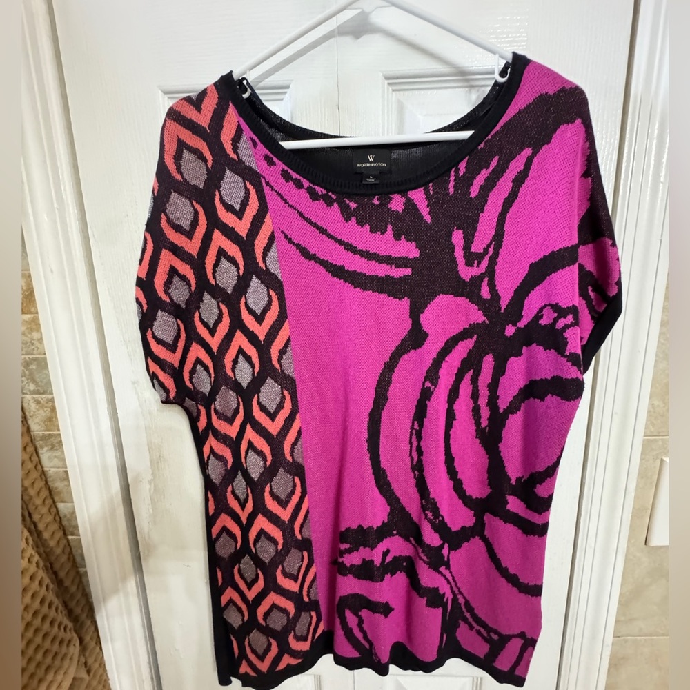 Women's Pink silver and Black Sweater Patterned Top